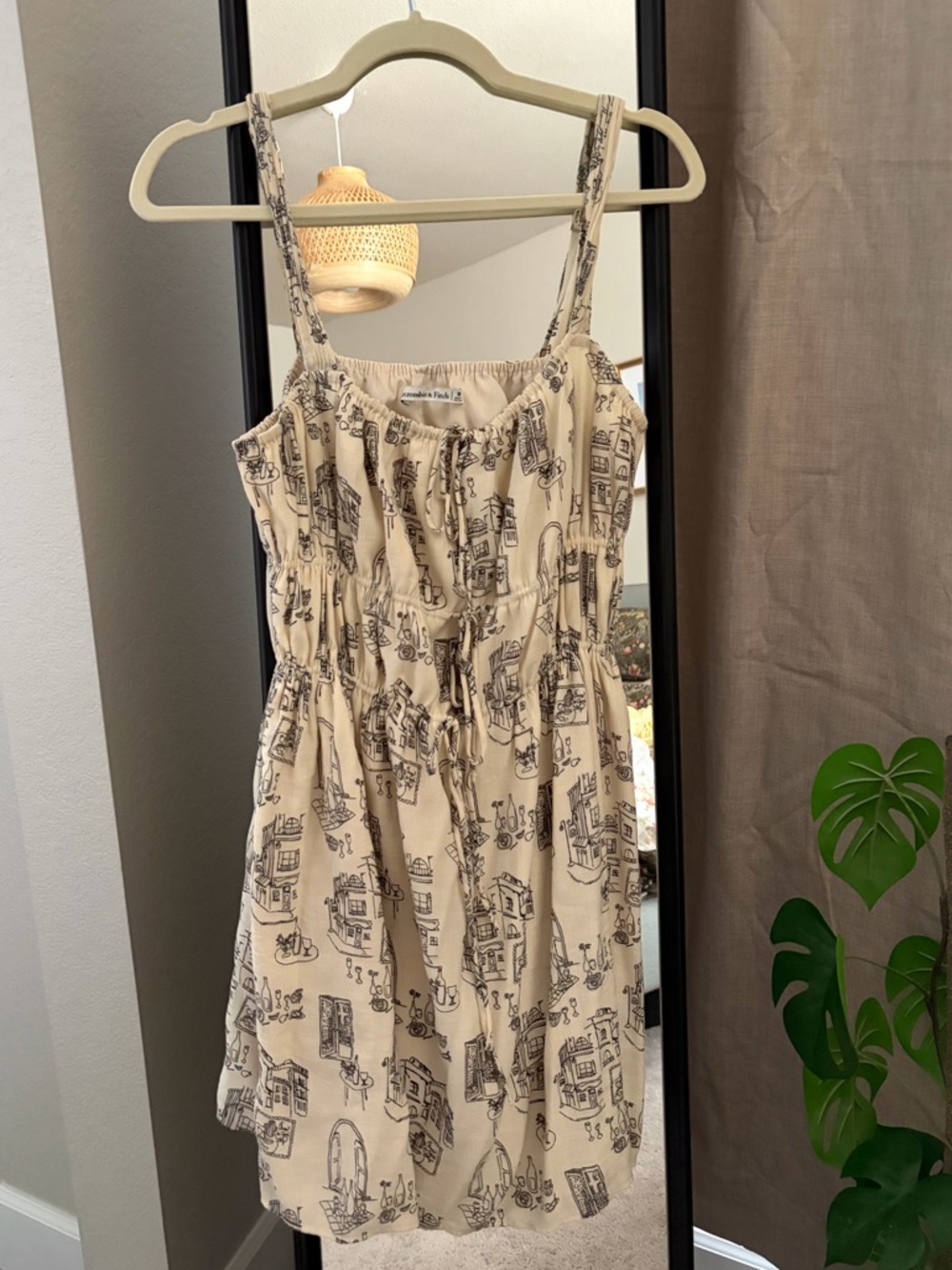Cream Toile Cafe Print Tie-Front Mini Dress